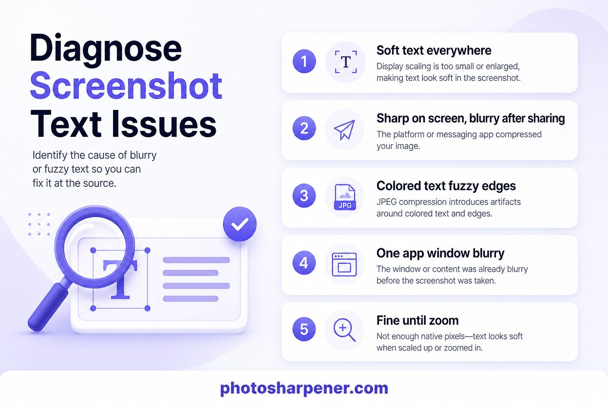 Infographic for diagnosing why screenshot text looks blurry or pixelated